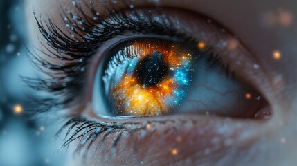 Close-up of human eye reflecting galaxy with vibrant colors and stars, cosmic gaze. Imagination and universe concept