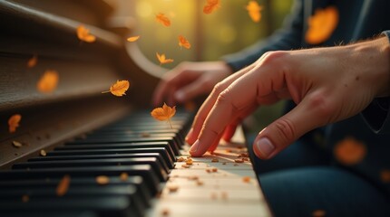 Autumn piano performance with business finance notes light reflections coin symbolism and seasonal touches