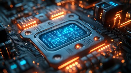 Fototapeta premium Cyber security and private data protection concept – blue integrated circuit lock, robust firewall defense against hacker attacks