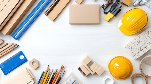 Construction tools and supplies workshop flat lay indoor top view diy projects