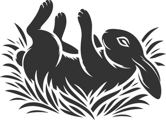 Rabbit rolling in soft grass animal silhouette vector
