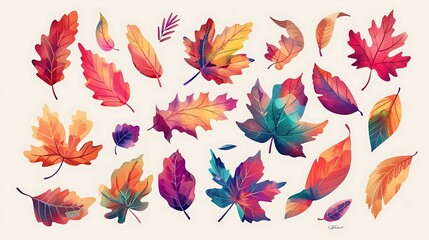 Fototapeta premium Vibrant Collection of Colorful Autumn Leaves in Various Shapes and Sizes on Light Background