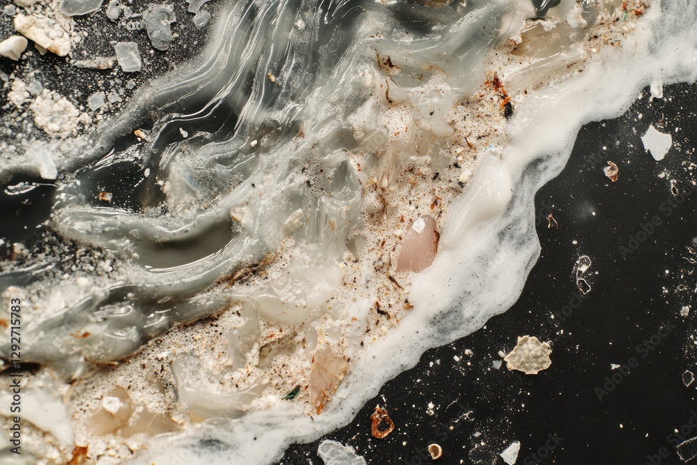 Poster close up view of plastic fragments floating in ocean waves during daylight along the shoreline revea