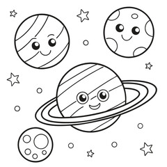 Kawaii Cartoon Planets Outline for Coloring