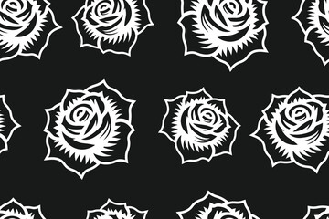 White Roses on Black Background Seamless Vector Pattern