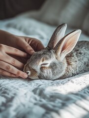 Naklejka premium A person gently petting a relaxed rabbit on a soft bed.
