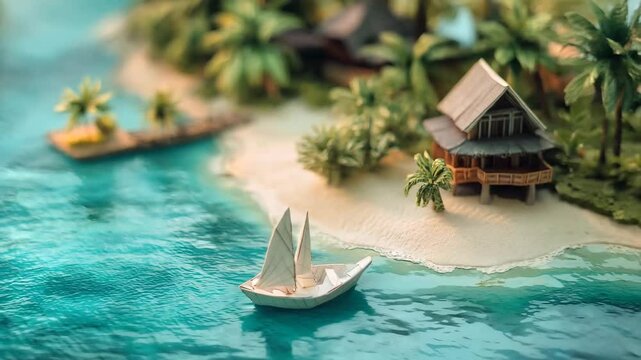 A beautifully crafted miniature diorama of a tropical island, featuring a delicate paper sailboat floating on turquoise waters near a charming wooden beach house. The scene captures a dreamy, tranquil