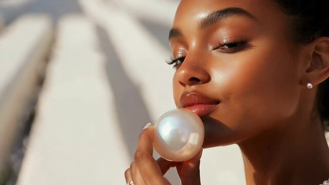 A stunning portrait of a woman with radiant, glowing skin holding a lustrous pearl, complemented by pearl jewelry. The warm sunlight and soft shadows create a luxurious and sophisticated beauty 