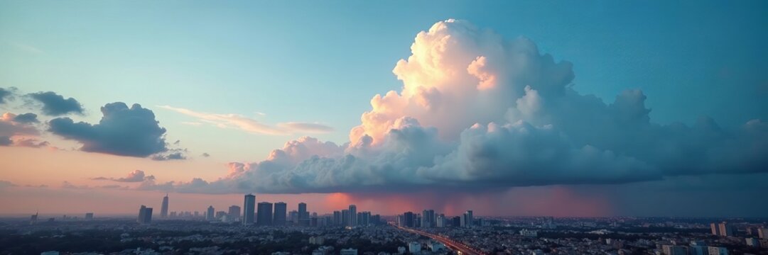 Dramatic clouds rolling over modern urban skyline, buildings, skyscrapers