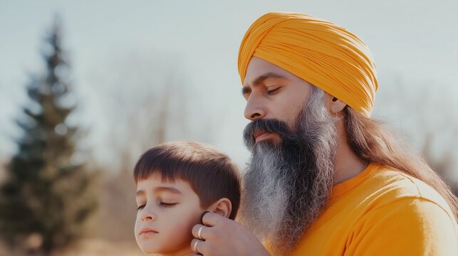 Portrait of a sikh man with a dastar and long beard, wearing an orange t shirt, adjusting his son's hair in a park