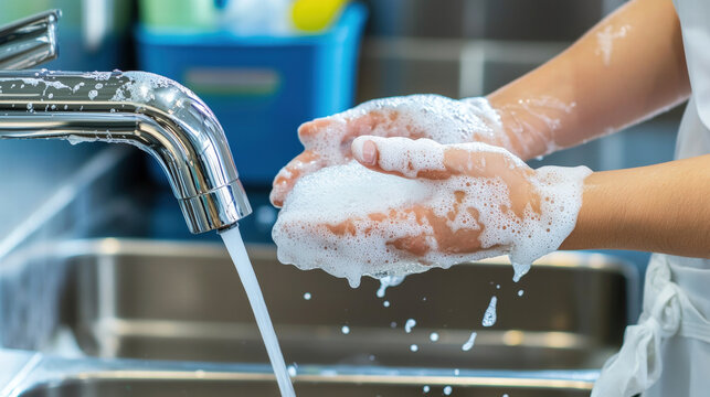 Washing hands with soap under running water in clean kitchen, emphasizing hygiene and food safety practices