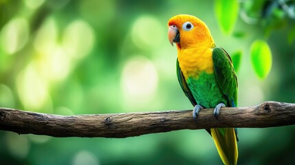 Naklejka premium A colorful parrot perched on a branch amidst a blurred green background.