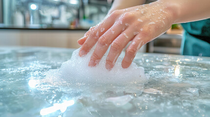 Fototapeta premium close up of hand applying soap to countertop, creating bubbles and foam. scene conveys cleanliness and hygiene in kitchen environment