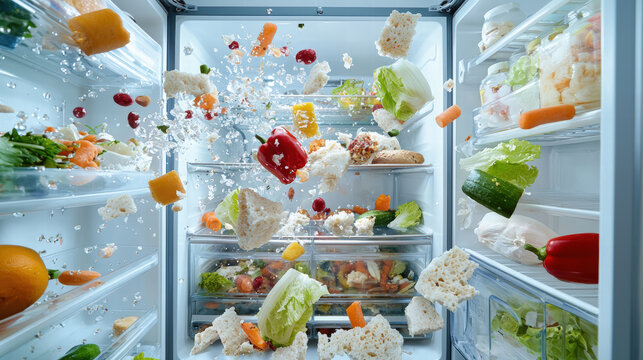 chaotic scene of fridge bursting with expired food, vegetables, and bread flying out, creating messy and unappetizing display