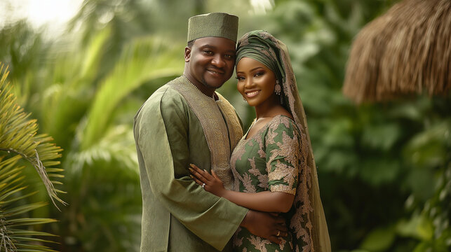 A beautiful Nigerian couple dressed in elegant Yoruba traditional attire shares a joyful embrace. The groom wears a regal agbada with gold embroidery, while the bride stuns in a lace gown and matching