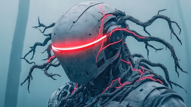 non-biological humanoid, Futuristic Robot with Twisted Branches and Glowing Red Eyes in a Mystical Atmosphere