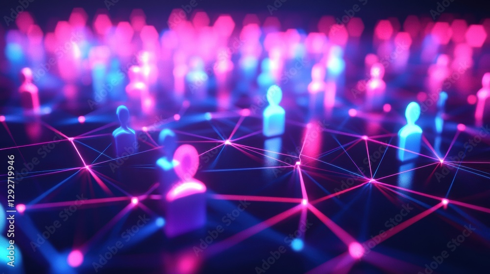 Poster Futuristic digital network features colorful 3D avatars connected by glowing neon lines in a virtual space. Generative AI