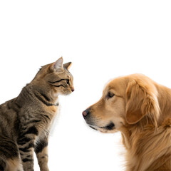 Portrait of tabby cat and golden retriever dog together Isolated Trasnparent Background, Png Isolated, Trasnparent Background