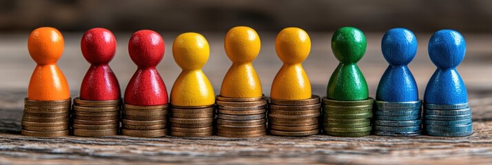 Colorful Game Pieces Balanced on Stacked Coins: A Creative Representation of Strategy, Value, and Competition with a Focus on Board Games and Financial Concepts