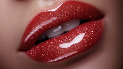 Close-up of lips with glossy lip gloss, neutral background, beauty photography, beauty magazine cover style