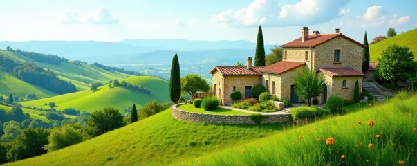 Fototapeta premium Rolling hills, weathered stone houses, terracotta roofs, cypress trees , cypress, scenic, houses