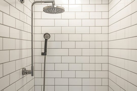 Contemporary bathroom featuring a spacious overhead and handheld shower in a white tile corner