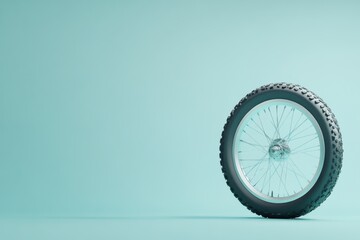 A bicycle wheel is displayed in front of a light blue background