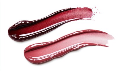 Naklejka premium Two lip gloss swatches, one in a dark red shade and the other in a light pink shade, on a white background.