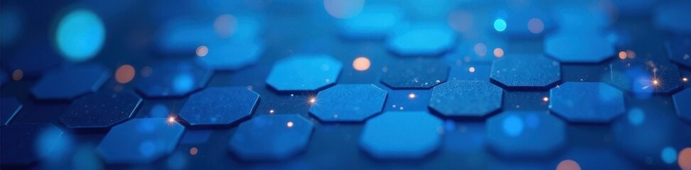 Shimmering blue hexagons, soft bokeh, subtle geometric lines , energy, dynamic, background design