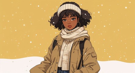 Black African girl in winter fashion on yellow bright plain background anime cartoon illustration