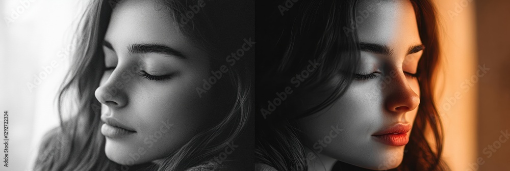 Aufkleber mood transformation depicted through contrasting expressions in a somber grayscale and bright warm t