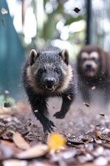 Obraz premium A small animal running through leaves, with another animal blurred in the background.