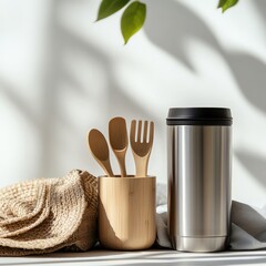 Stylish kitchen utensils and a travel mug setup.