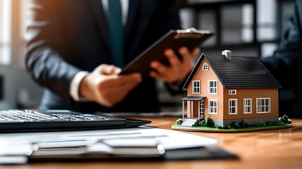 Real estate agent presenting mortgage agreement to excited homebuyers in modern office setting with miniature house model symbolizing their future dream home  Document financial construction