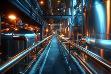 Naklejka premium Modern brewery infrastructure sizable tanks and pipes made of stainless steel