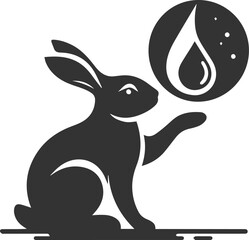 Rabbit touching a raindrop with its paw animal silhouette vector