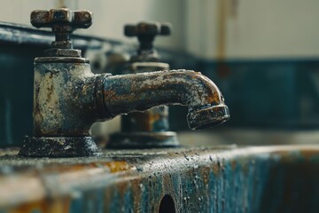 Stained faucet with mineral buildup in the bathroom blurred focus