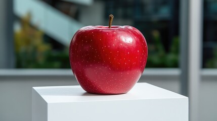 A single bright red apple placed on a white surface, creating a vibrant contrast with the minimalist background.