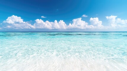 Fototapeta premium Tropical beach, turquoise water, sunny sky, calm ocean, idyllic vacation
