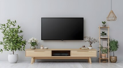 Serene Minimalist Home Interior with Sleek Wooden TV Floral and Potted Plant Decor and Warm Lighting for a Cozy Peaceful Ambiance
