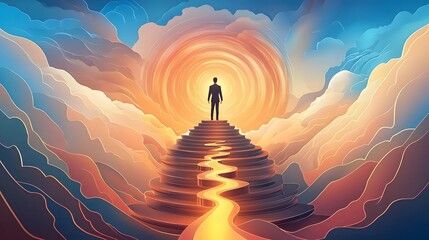 Silhouetted businessman standing confidently on a target platform with a glowing path of success stretching out beneath him representing strategic planning ambitious goal achievement