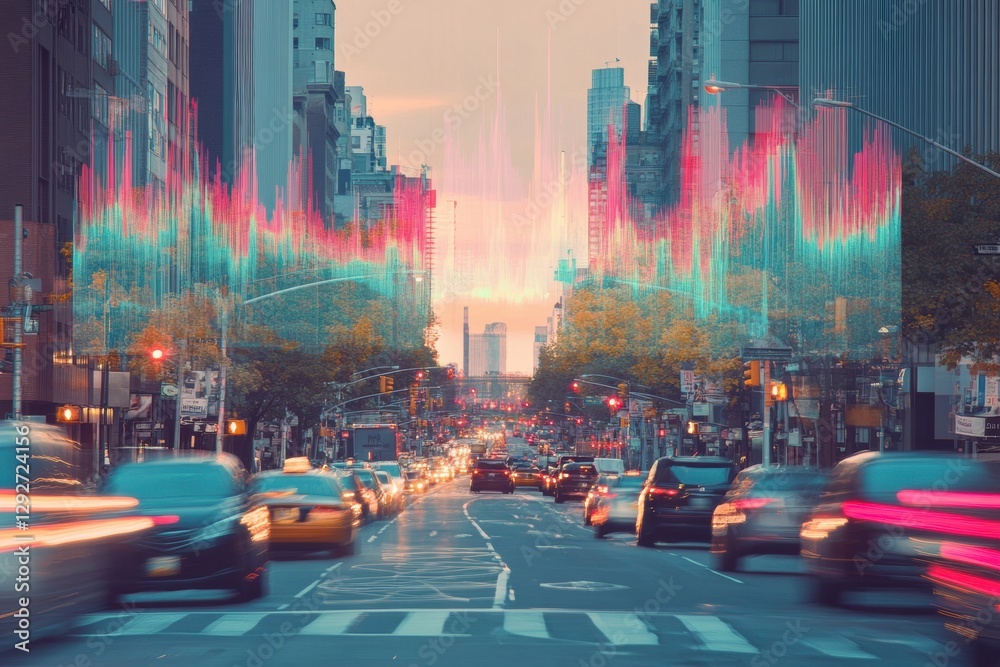 Poster urban road buzzing with activity and abstract sound waves against a vibrant sunset backdrop. generat