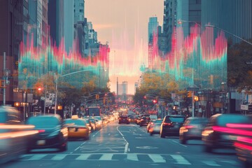 Urban road buzzing with activity and abstract sound waves against a vibrant sunset backdrop. Generative AI