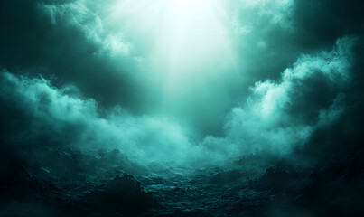 Ethereal teal landscape; mystical fog, dramatic lighting, moody atmosphere, textured surface, otherworldly scene, fantasy background.