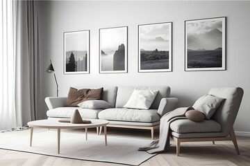 Modern Minimalist Living Room Interior Design with Grey Sofa Armchair Black and White Landscape