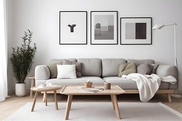 Modern Minimalist Living Room Interior Design with Light Grey Sofa Wooden Coffee Table and Abstract