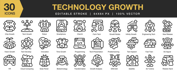 Technology Growth icon set. Editable Stroke Icon Collection. Includes growth, technology, digital, future, market, analysis, and More. Outline icons vector collection.