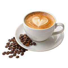 Fototapeta premium Cup of coffee with heart shape latte with beans Isolated Trasnparent Background, Png Isolated, Trasnparent Background