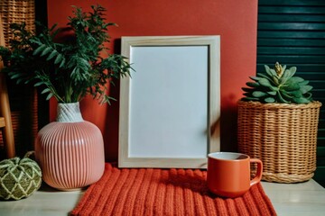 Close-up mockup poster frame with accessories