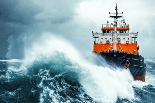 Cargo ship battling stormy seas ocean adventure maritime logistics turbulent waters heroic journey